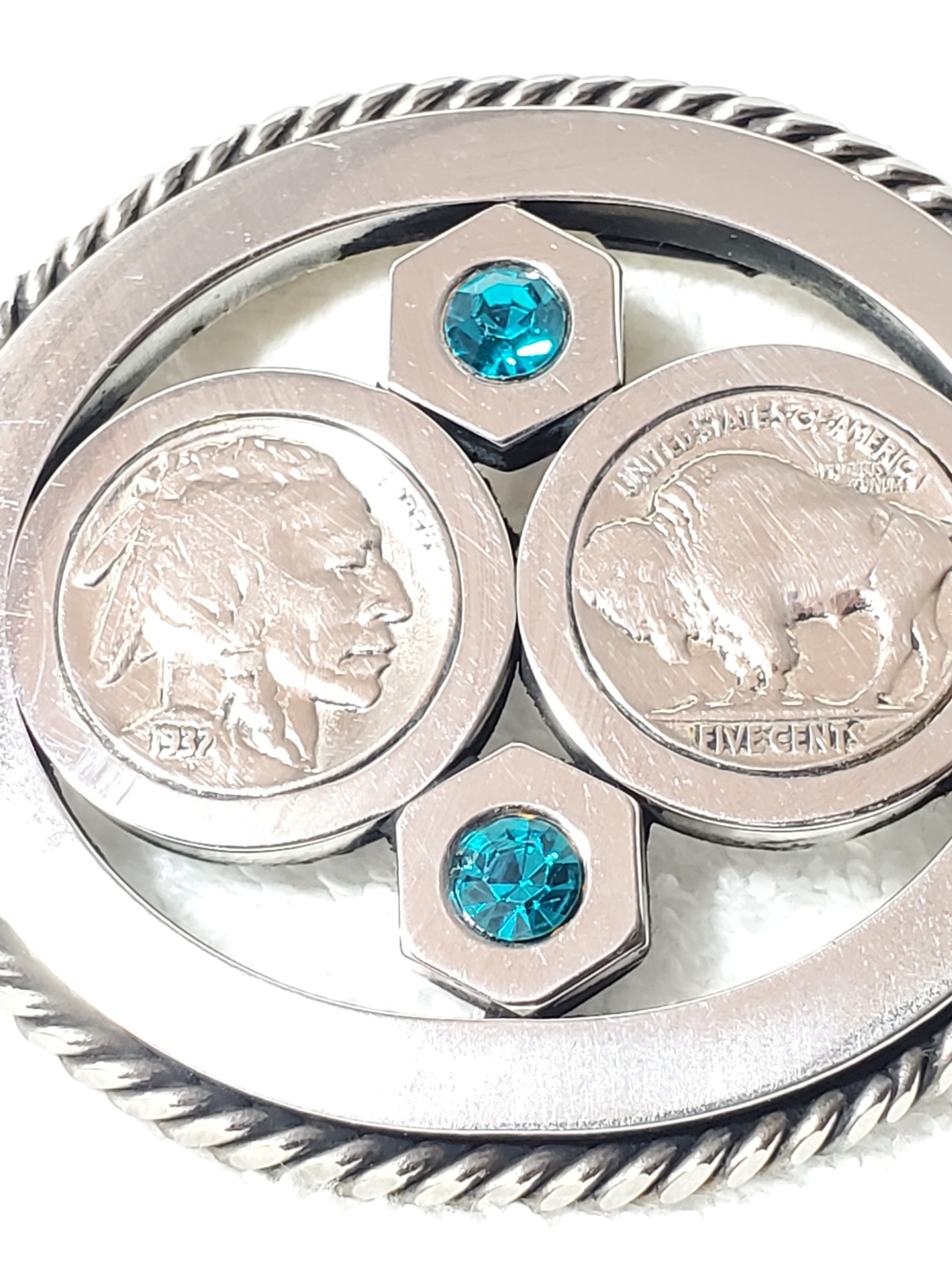 Vintage Buffalo Indian Head Nickels Turquoise Glass Crystals Belt Buckle 5 Cents